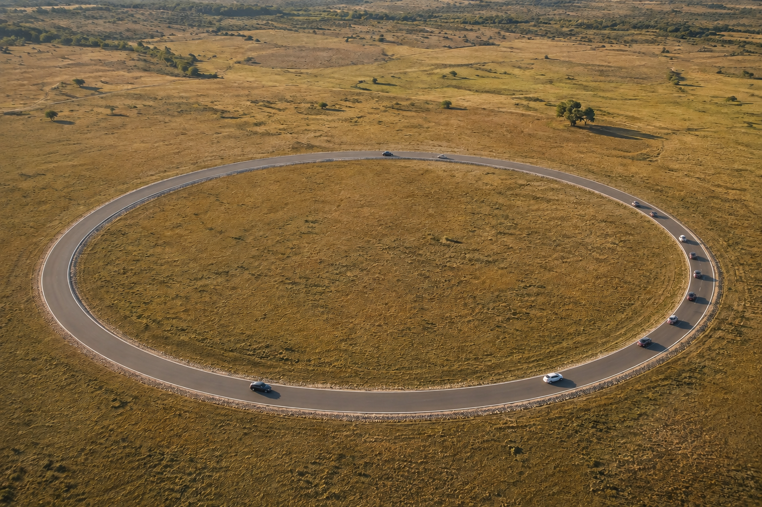 Photorealistic editorial illustration of cars at different spacings on a circular traffic research track.